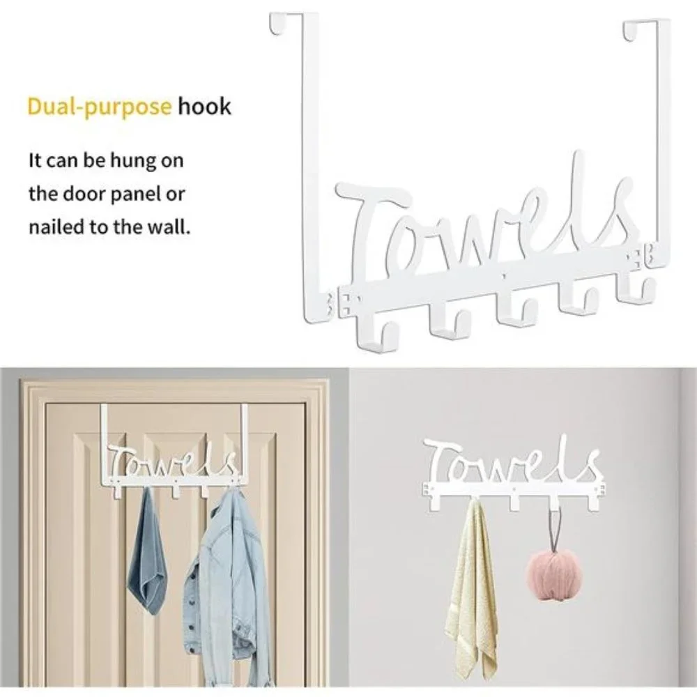 Bath Over The Door Towel Rack 5 Hooks Towel Holder Wall Hooks for Robe, Towels